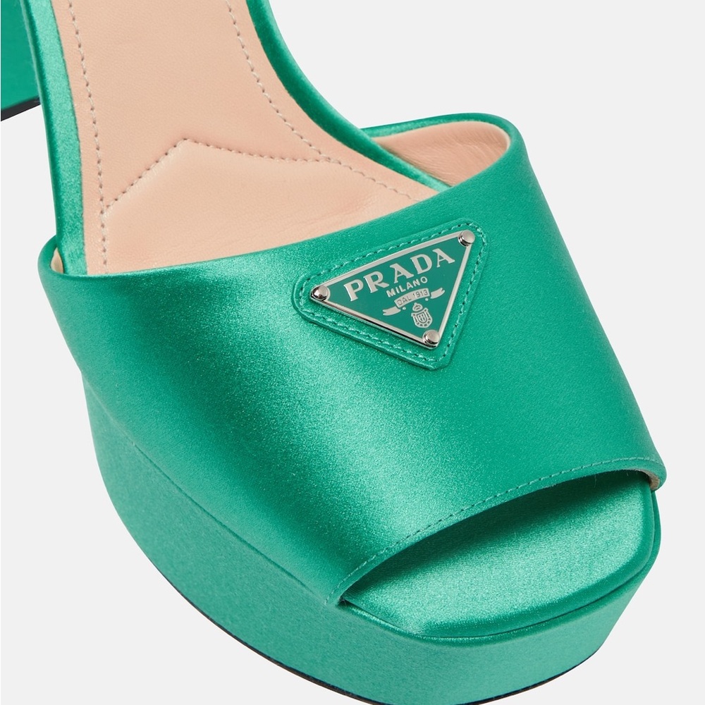 Prada Green Satin Block Heel Sandals - Picture 5 of 11